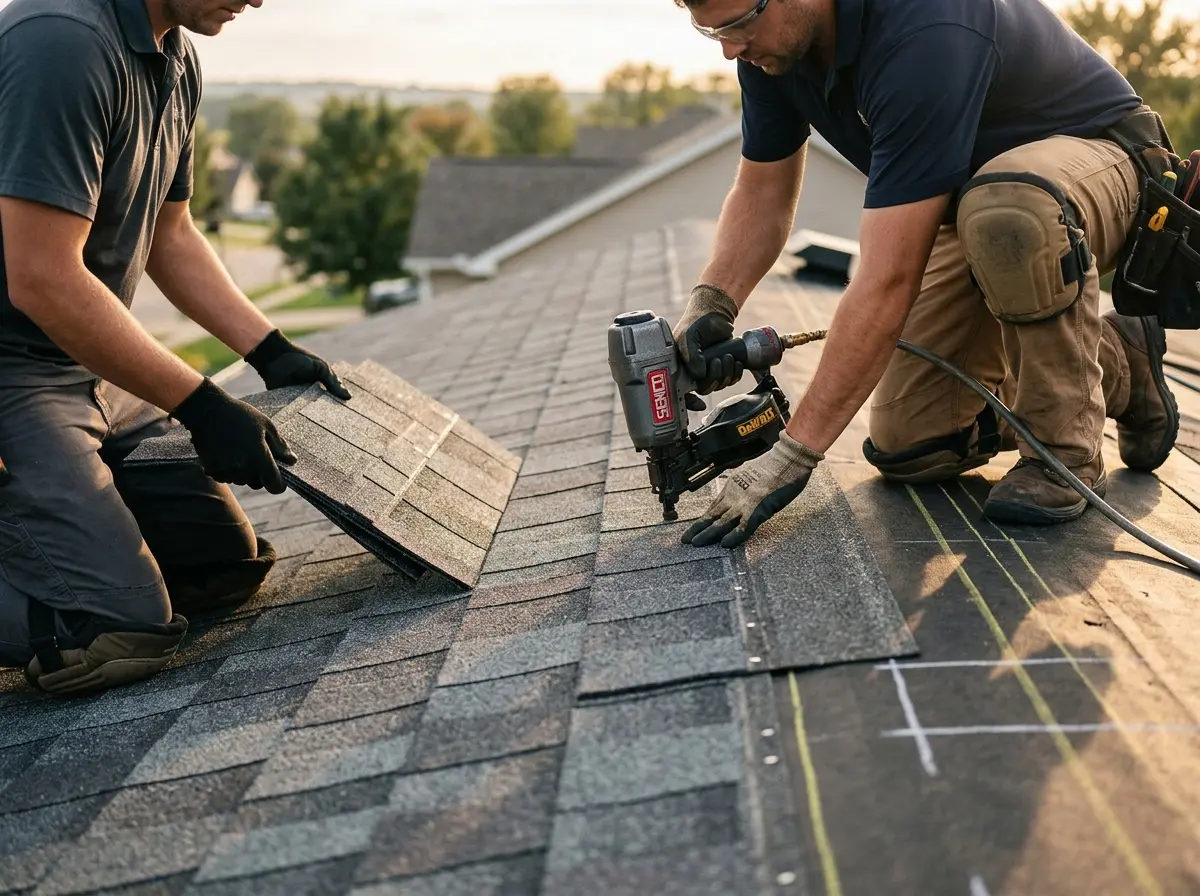 Professional roofer working on a residential roof in Lone Grove